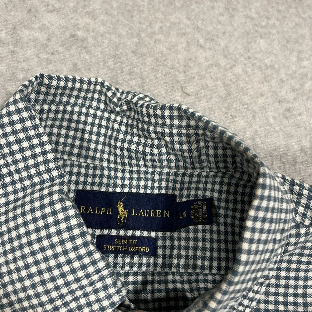 Polo Ralph Lauren Shirt Mens Medium Green Gingham Plaid Slim Fit Stretch Oxford